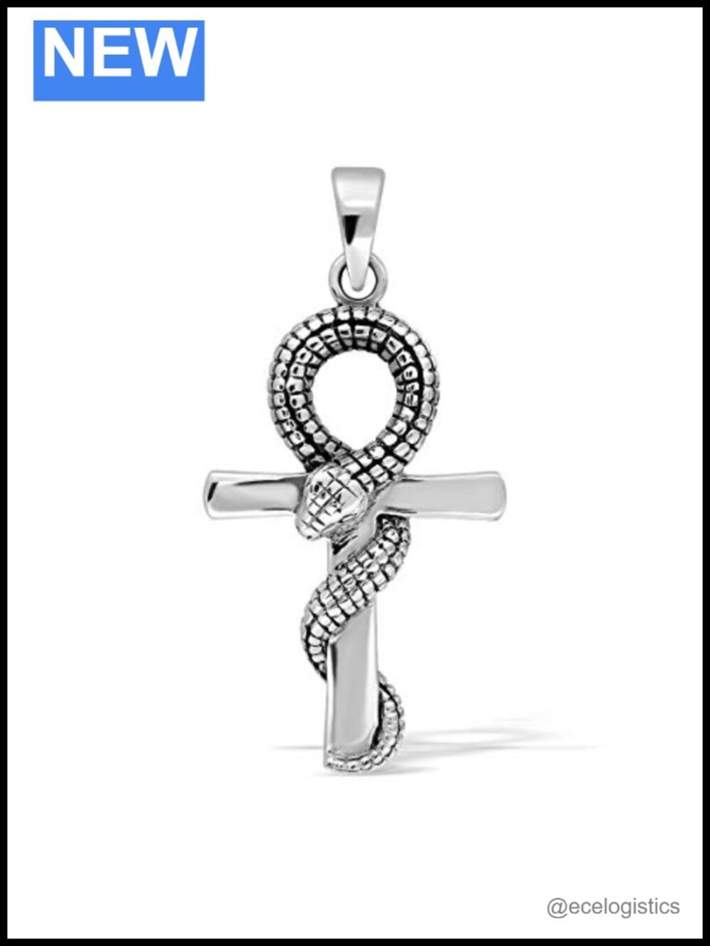 925 Sterling Silver Egyptian Ankh Cross Snake Serpent Pendant Necklace
